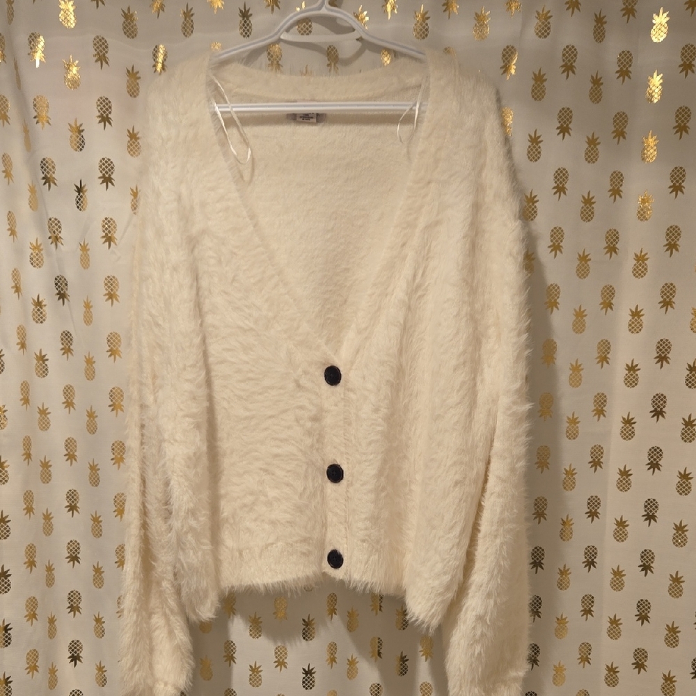 Cream Fuzzy Cardigan with Black Buttons